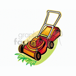 The clipart image shows a red push-behind lawn mower cutting grass. 