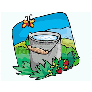 The clipart image shows a silver water bucket with water inside, placed on the ground amidst green vegetation, presumably in an agricultural field. There are red strawberries with green leaves depicted at the bottom right corner of the image. Above the bucket, there are two stylized butterflies with orange and black patterned wings. The background has a blue sky with white clouds, delineating a peaceful outdoor scene.