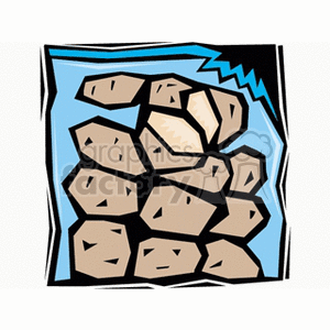 The clipart image features a stylized illustration of a group of potatoes. The potatoes appear to be in a pile or heap, with some shading to give a sense of depth. The background suggests there may be a surrounding context, possibly hinting at a garden or agricultural setting, though it's abstract and not detailed.