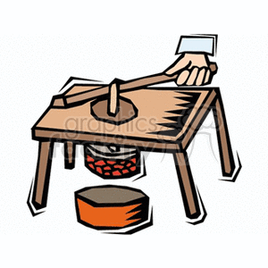 The clipart image depicts a hand-operated potato press or ricer. It shows a person's hand pressing down on a lever which forces the potato through a perforated surface, resulting in a mashed or riced potato texture falling into a bowl beneath the press.