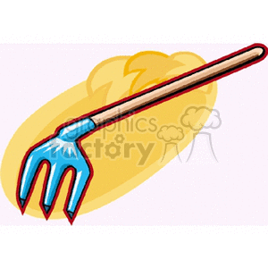 The clipart image depicts a garden rake with a blue head and a long wooden handle. It appears to be a hand rake which is commonly used for smoothing soil or gathering leaves and debris in a garden.