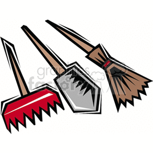 The image is a clipart featuring three common gardening tools. From left to right, there is a red rake, a silver spade or shovel with a serrated edge, and a brown broom. The tools have brown handles and are depicted at an angle, as if they are leaning and ready for use.