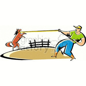 This clipart image depicts a stylized representation of a cowboy involved in a tie-down roping event, traditionally seen at rodeos. The cowboy is pulling on a rope attached to a horse that appears to be resisting or being lassoed. In the background, there is a simplistic illustration of a fence, suggesting the setting might be a farm, ranch, or rodeo arena.