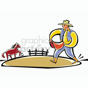 The clipart image features a stylized depiction of a cowboy walking with a saddle draped over his shoulder. In the background, there's a horse standing near a fence, which suggests the setting is on a farm or ranch.