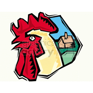 The clipart image features a stylized representation of a rooster in the foreground, with a brightly colored comb and wattle, and an abstract depiction of a farm scene, including a barn, in the background. The shapes and colors are geometric and bold, typical of modern graphic design.