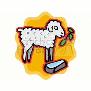 The clipart image shows a cartoon of a baby lamb or sheep. The sheep is standing on a grassy background, depicted by a yellow blob-like shape. It's holding a branch with leaves in its mouth and there's a feeding trough in front of it, suggesting a farm setting.