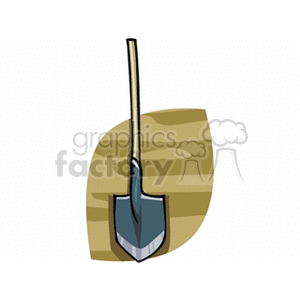 The clipart image depicts a single shovel with a wooden handle and a pointed, metal blade. The shovel is shown leaning on what appears to be a mound of soil or sand, suggesting its use in gardening, landscaping, or agriculture. 