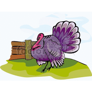 The image is a cartoon-style clipart of a purple turkey standing in a grassy area with a fence stump. The background features a sky with clouds. This turkey is depicted in a stylized manner rather than a realistic representation, common for themed graphics relating to holidays or agriculture.