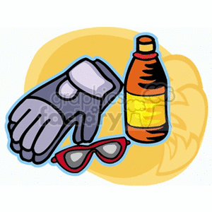 The image is a clipart featuring a pair of work gloves, safety glasses, and a bottle. The gloves appear to be designed for heavy-duty work, possibly related to gardening, agriculture, or landscaping. The safety glasses are a type of protective eyewear that would be worn to shield the eyes during tasks that might pose a risk of injury. The bottle, with its label and cap, looks like it could contain some kind of liquid, possibly a chemical or nutrient solution for plants.
