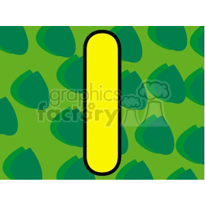 The image contains a large, bold, yellow letter I centered on a green background patterned with abstract leaf-like shapes.