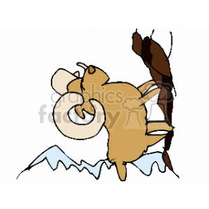 The clipart image depicts a stylized representation of a male mountain goat or ram. The animal is characterized by its prominent curved horns, which are typical of male individuals of species like mountain goats. The ram is shown in a simplistic design, with a beige body and darker accents, likely to illustrate its hooves and some facial features. Additionally, the image includes a simple blue and white representation of mountain peaks at the base, indicating the natural mountainous habitat of this animal.