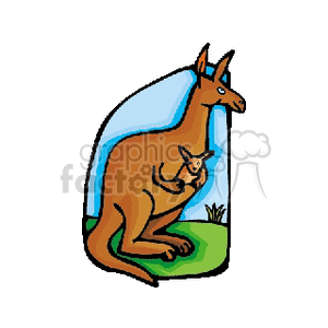 This clipart image features two kangaroos, likely a mother and her joey. They are depicted in a simplified cartoon style, with the adult kangaroo sitting on its haunches, and the joey partially tucked inside her pouch. The kangaroos are placed against a backdrop that suggests the Australian outback, accentuated by a blue shape that might represent the sky or a simplified representation of the continent of Australia.