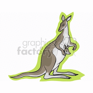 This clipart image depicts a cartoon of an adult kangaroo with a joey (baby kangaroo) in its pouch. The adult kangaroo is standing on its hind legs and tail, which is a common posture for kangaroos when they are stationary or jumping. Both kangaroos appear to be looking forward.