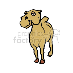 This image depicts a simplistic cartoon-like drawing of a tan camel. The camel appears to have one visible hump, indicating that it may be designed to represent a dromedary camel. The style is reminiscent of clipart commonly used in educational materials or children's books. The camel is standing against a plain background without any other objects or scenery, which leads to the emphasis being solely on the animal itself.