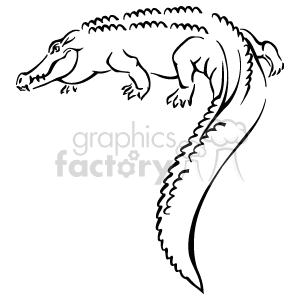 The image is a black-and-white drawing of a crocodile. The crocodile is depicted in a realistic style, with its mouth closed and its eyes alert. 