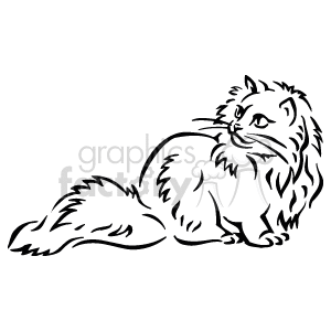 The clipart image contains a line drawing of a cat. The cat appears to be sitting and is depicted in profile with features like whiskers, fur texture, and a bushy tail emphasized by the lines. The style of the clipart is simple and outlines the form of the cat without any shading or color.