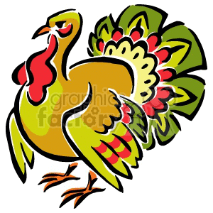 The image is a colorful clipart depiction of a turkey. The turkey is stylized with vibrant colors and exaggerated features like its large tail feathers and red wattle.