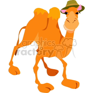The image is a clipart illustration of a camel. The camel has two humps, is orange-colored, and appears to be smiling. It is also wearing a green hat with a brown band.