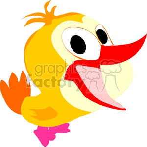 This image contains a cartoon of a baby bird or chick, possibly a duckling, with exaggerated features such as a large beak and wide eyes. The chick is primarily yellow with touches of orange and red.