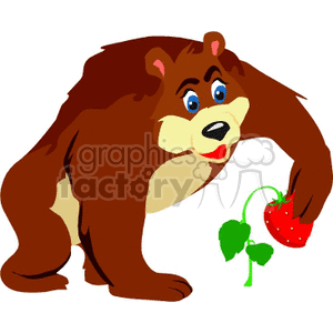 The clipart image features a brown bear looking at a large red strawberry it holds in its left paw. The bear has a cartoonish appearance with exaggerated facial features such as large blue eyes and a friendly expression.