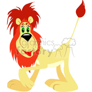 This clipart image features a cartoon of a male lion with a mane and a tufted tail. The lion is presented in a stylized and humorous manner, with exaggerated features, such as wide eyes and a friendly expression.