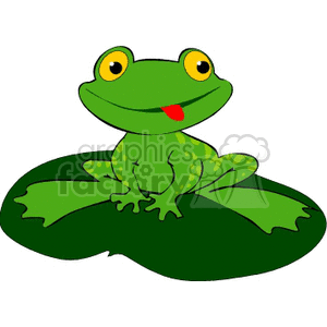 The clipart image shows a cute, green frog sitting on a lily pad. This frog has big, round eyes and a friendly expression with a small red tongue visible, adding to its endearing appearance. The lily pad appears to be floating, which is typical for the habitat of a frog, often associated with swamps or ponds.
