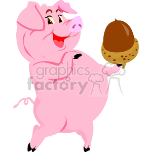 The clipart image features a pink pig standing upright and holding a brown chestnut with one hoof.