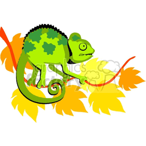 The clipart image features a vibrantly colored cartoon chameleon with its tail curled up, walking on a branch with yellow autumn leaves. The chameleon is mostly green with darker green spots and has a protruding red tongue.