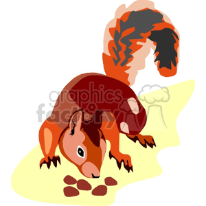 This image depicts a stylized, cartoon-like illustration of a red squirrel with a bushy tail. The squirrel is on all fours and appears to be foraging or eating, with several nut-like objects in front of it.