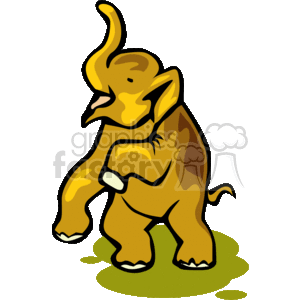 The image depicts a cartoon of a happy, dancing elephant. It is stylized with a joyful expression, suggesting movement typical of dancing. The elephant is colored in shades of brown with some highlights, and there appears to be a green patch under its feet, possibly representing grass.