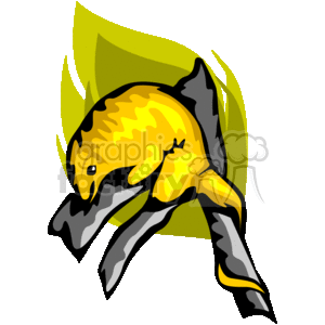 This image is a clipart representation of an anteater. The image shows the animal in a stylized form with a yellow and brown body, a long snout, and a sizable tail, set against a green leaf-like backdrop. Anteaters are tropical mammals known for eating ants and termites, and they are usually found in Central and South America,