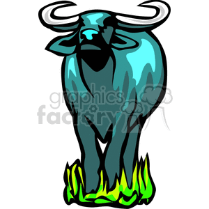 This clipart image features a stylized depiction of a blue bull or ox standing on a patch of green grass or flames.