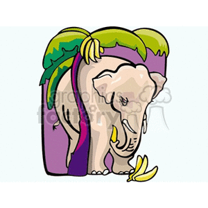 The clipart image depicts a stylized elephant standing in front of what might be a simplified representation of jungle foliage or trees. The elephant appears to be in a side profile with its trunk curled holding a banana peel, suggesting the elephant might have just eaten a banana.
