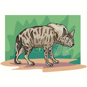 The clipart image features a single hyena standing on what appears to be a patch of earth with green foliage in the background. The hyena is illustrated in a side profile with distinctive spotted fur.