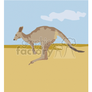 The clipart image shows a kangaroo, which is a marsupial native to Australia. The kangaroo is depicted in a side profile, hopping across what appears to be a dry, sandy landscape that could represent Australian outback terrain. The background features a clear sky with a few clouds, suggesting a serene, open environment typically associated with Australia's vast landscapes.