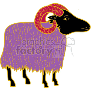 The image is a stylized clipart of a ram, featuring prominent curving horns, a black face, and a purple body with wavy lines that may be representing the animal's wool or fur texture. There are no mountains or multiple rams as suggested by the keywords you've provided, and the ram does not appear to be specifically African.