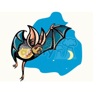 The image shows a cartoonish depiction of a bat in flight against a night sky backdrop. The bat has large wings spread out, and it's depicted in a somewhat dynamic pose. In the background, there is a small crescent moon to suggest the nighttime setting. The style and subject matter suggest a theme that would be appropriate for Halloween or related topics concerning nocturnal animals, particularly bats.