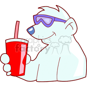 The clipart image features a stylized polar bear wearing sunglasses, holding a red beverage cup with a straw, and appearing happy or content. The bear has a cool demeanor, accentuated by the sunglasses, which have a reflection indicating bright light, possibly sunlight.