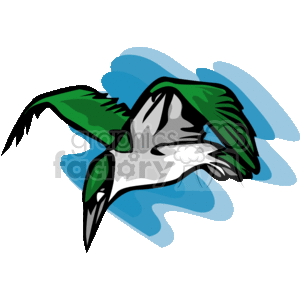 This is a clipart image of a stylized bird mid-flight. The bird features a combination of green and white colors, with a hint of blue that might represent the sky or motion blur to convey the sense of flying or flight. The image is graphic and simplified, focusing on the dynamic pose of the bird with its wings outstretched. The background is black, highlighting the bird and its perceived movement.