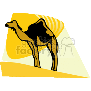 The clipart image shows a stylized single hump camel, indicating it is likely a dromedary. The camel is depicted in a desert setting, suggested by the sand dune-like lines in the background, with a sun motif representing the hot environment typically associated with deserts where camels are found. The use of yellow and orange tones reinforces the desert theme.