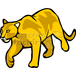 The image is a clipart depiction of a large wild cat, such as a cougar, puma, or mountain lion. These terms are often used interchangeably for the species Puma concolor, which includes animals also known as Florida Panthers, one of their subspecies. The clipart features a stylized representation with simple shapes and bright colors. The cat is shown in a dynamic pose that suggests movement or stalking.