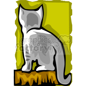 This image depicts a cat facing away from you. It is white with some gray patches on it. It is set on a browny-orange floor, with a yellow-green background 