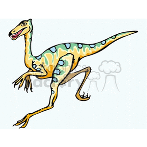The picture features a colorful, cartoon-style illustration of a velociraptor, which is a type of theropod dinosaur that existed during the late Cretaceous period. The dinosaur is depicted in a side profile with one of its clawed hands raised and its mouth open, possibly mid-roar or call.