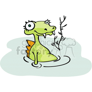 The clipart image features a cartoon of a baby dinosaur sitting in water. The dinosaur appears to be light green with a yellow-orange belly and spikes. It has big, exaggerated eyes and a happy expression, which gives it a friendly and funny appearance. The water is depicted in light blue and surrounds the dinosaur, while the background is plain white. There's also a simple representation of a plant or twig in the corner.