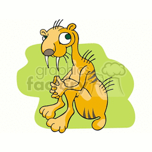 This image contains a cartoon representation of a whimsical orange dinosaur. The dinosaur appears to have a comical expression, with big, round eyes, and is sitting down with its hands clasped together. Its features are not scientifically accurate but rather styled for humor and appeal, typical of clipart meant for children or for lighthearted subject matter.