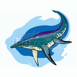The clipart image shows an Ichthyosaurus, which is an extinct marine reptile that lived during the Jurassic period. It had a streamlined body similar to modern-day dolphins and could grow up to 3-4 meters in length. The image depicts a blue-gray Ichthyosaurus with a long snout, large eyes, and fins for swimming.
