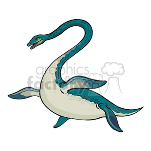 This clipart image features a stylized depiction of a plesiosaur, a type of ancient marine reptile often associated with dinosaurs, characterized by its long neck, small head, large body, and four flippers.