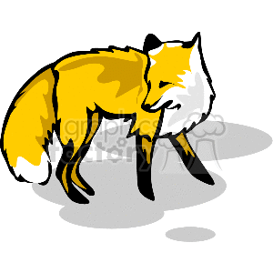 The clipart image depicts a stylized illustration of a fox. The fox is shown in a standing position with an emphasis on its typical orange-yellow coloring, white areas on its neck and tail tip, and dark-colored legs. The animal is rendered with simple lines and a small amount of shading, which suggests a three-dimensional form on a light background, possibly to represent a shadow.
