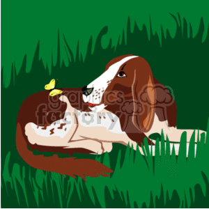 The clipart image depicts a cartoon-style dog, laying on the grass. It has a butterfly landed on its backside, and the dog is looking back at it. The dog looks happy and inquisitive 