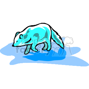 The clipart image depicts a stylized representation of a polar fox walking on a patch of ice or snow. The fox and the ice/snow are colored in shades of blue, likely for artistic effect rather than realism. The background is black, which contrasts with the light blue colors of the bear and ice, making them stand out prominently.